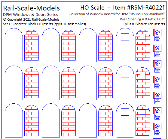 HO Scale Window Inserts for DPM Round~Top Windows ~ Concrete Block Fill
